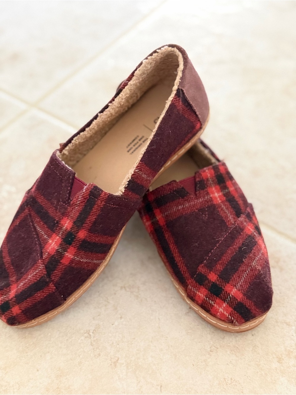 Toms Burgundy and Red Plaid Slip-On Flats with shearling lining